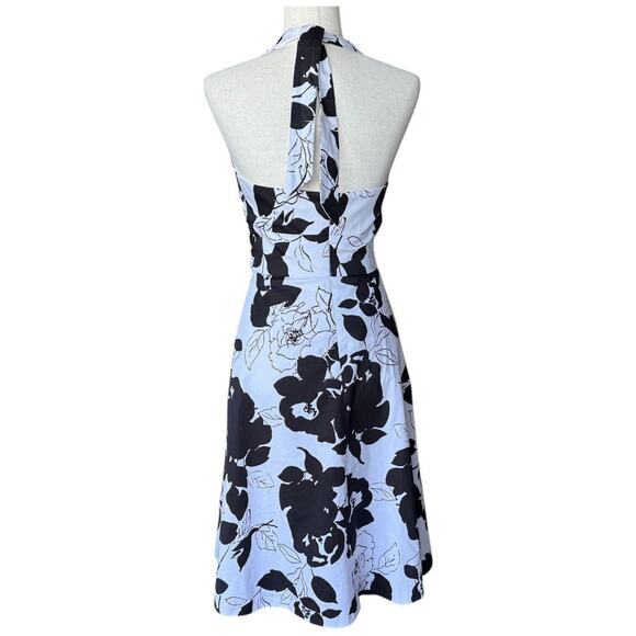 White House Black Market White Black Floral Cotton Halter Cocktail Dress Size 0 - Picture 3 of 8